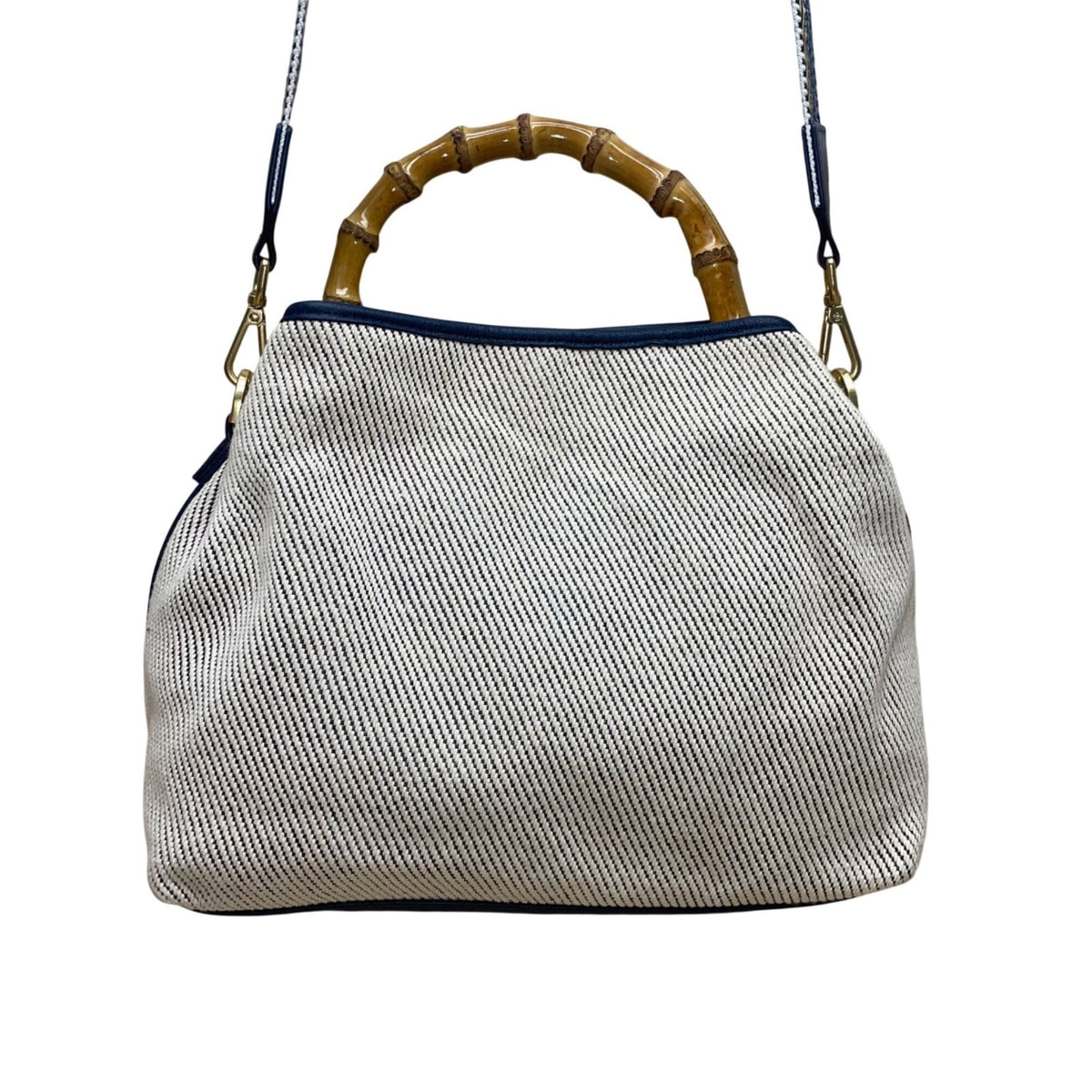 J.McLaughlin Women’s White & Blue Canvas Bamboo Handle Shoulder Bag