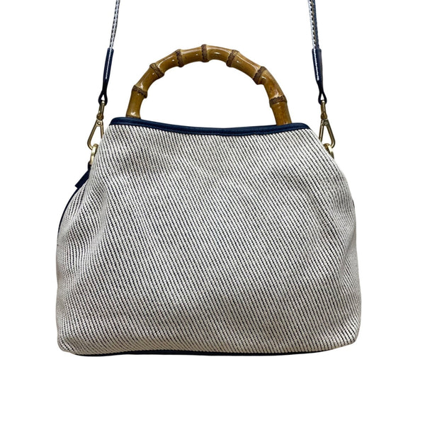 J.McLaughlin Women’s White & Blue Canvas Bamboo Handle Shoulder Bag
