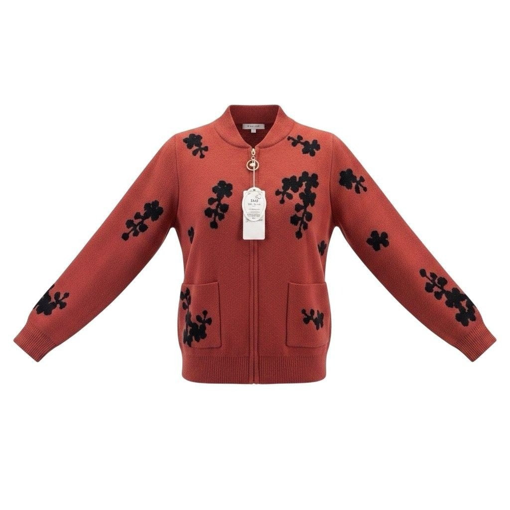 Womens Rust & Black Embroidered Pattern Knit Cardigan With Zipper & Pockets