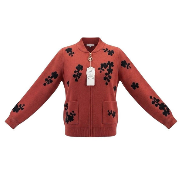 Womens Rust & Black Embroidered Pattern Knit Cardigan With Zipper & Pockets