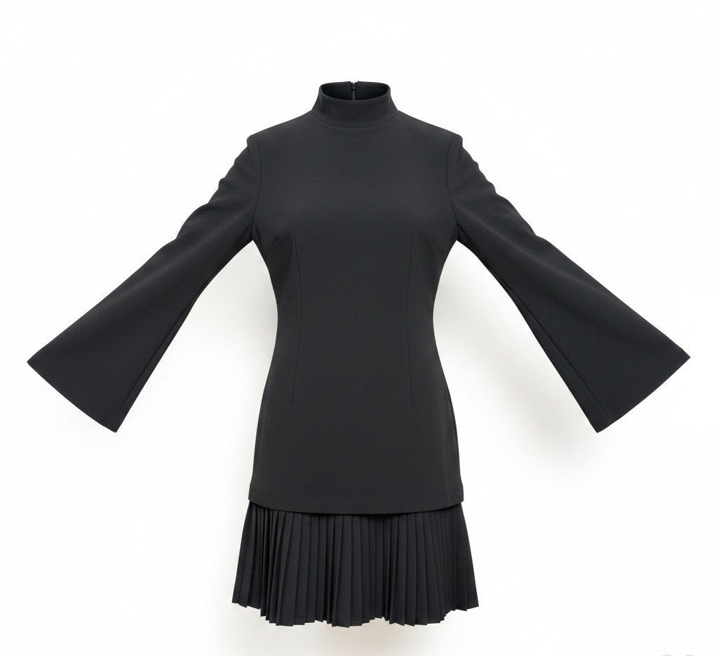 Brandon Maxwell Womens Black Bell Sleeve Pleated Hem Mini Dress Size 4