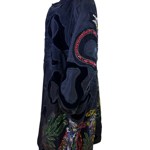 La Coleccion Judith Roberts Black Velvet & Lace Sequined Embroidered Long Coat