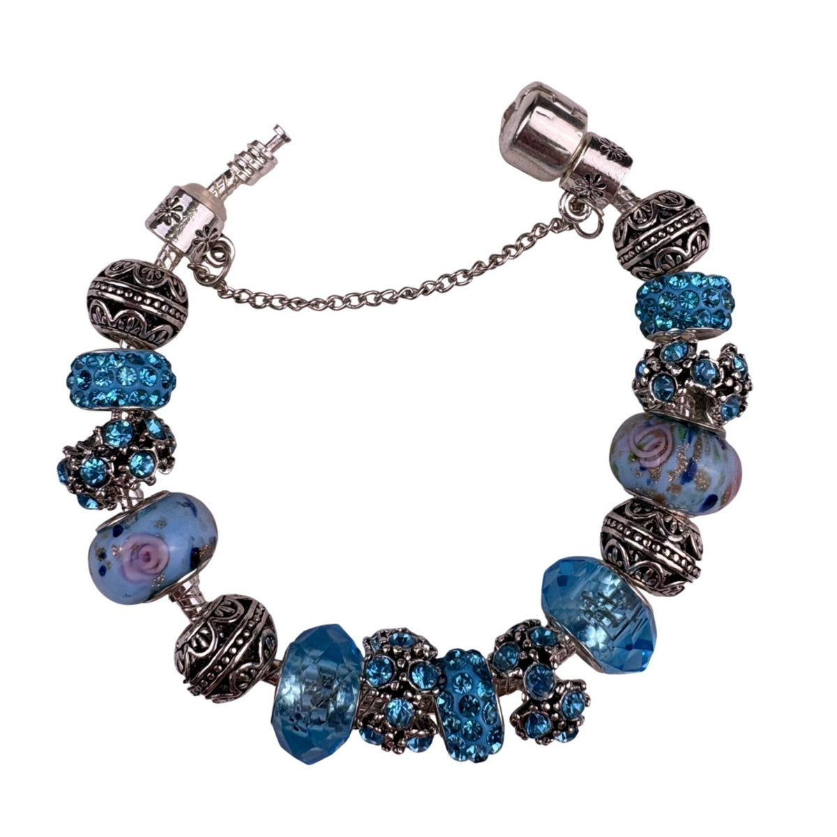 Sterling Silver Womens Blue Glass & Crystal Beaded Bracelet With Safety Chain