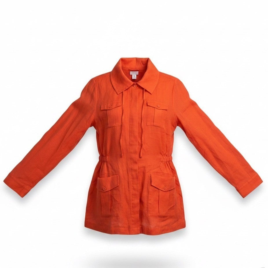 Chicos Womens Orange Utility Jacket With Drawstring Waist Pockets Size 0