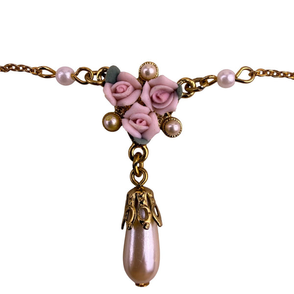 Gold Tone Womens Pink Synthetic Pearl Floral Necklace & Earring Set Lightweight