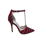Jessica Simpson Women’s Red Faux Patent T-Strap Plaid Pointed Toe Heels Size 6M