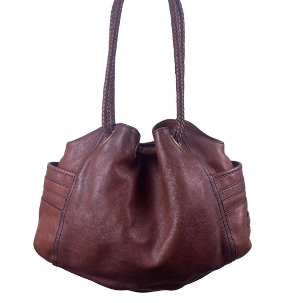 Cole Haan Women’s Brown Leather Drawstring Braided Handles Slouchy Shoulder Bag