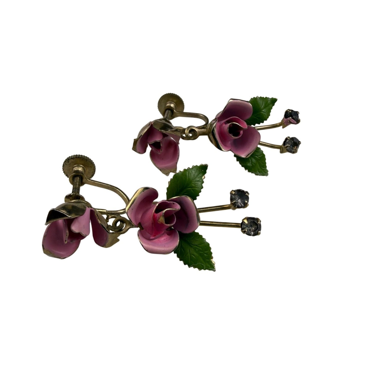 Vintage Floral Screw Back Earrings Pink Rose Gold Tone Metal Rhinestone Accents