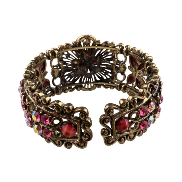 Bronze Floral Cuff Bracelet With Clear & Pink Faux Rhinestones & Red Gemstones