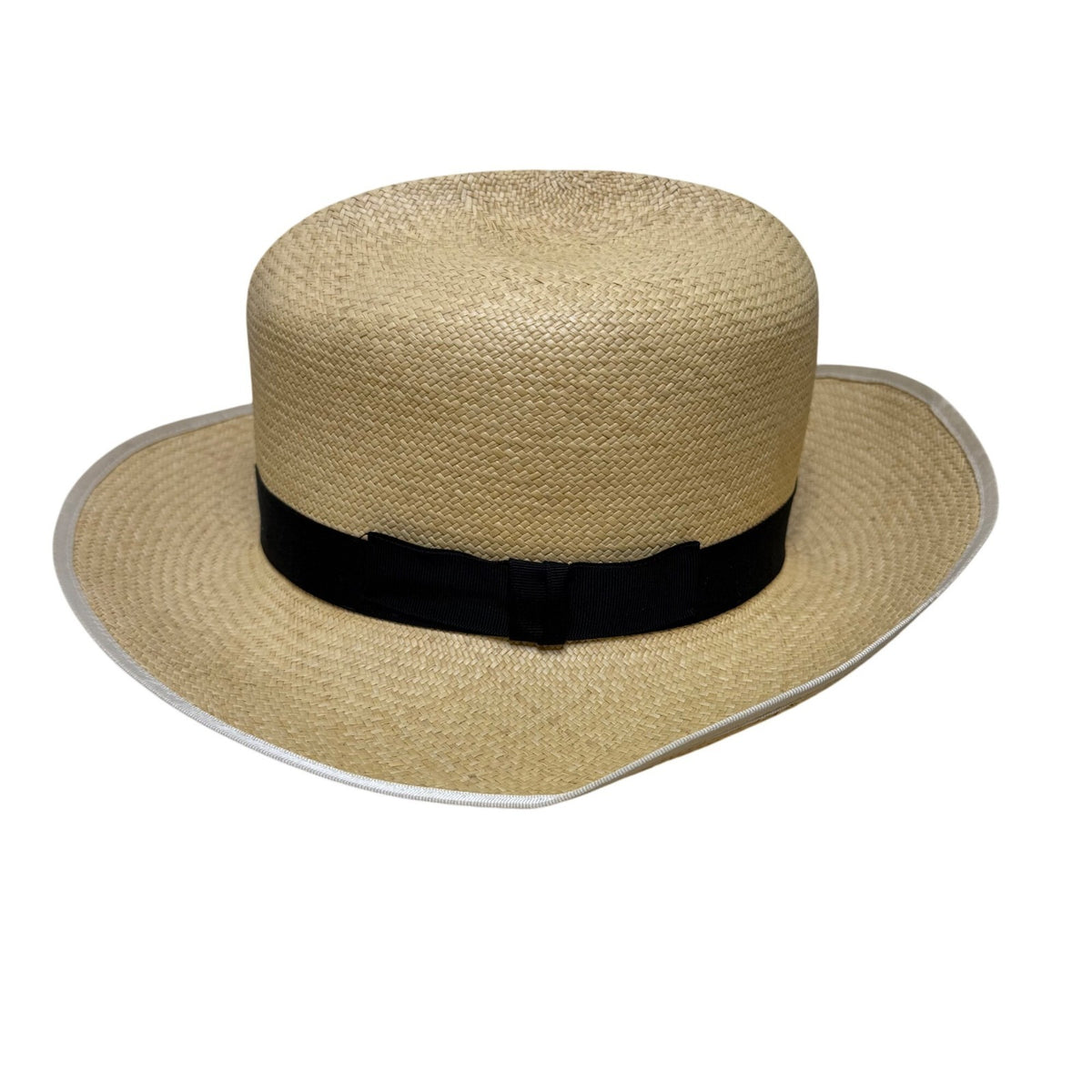 Vintage Genuine Panama Handwoven Straw Wide Brim Hat Black Ribbon Size 6 7/8