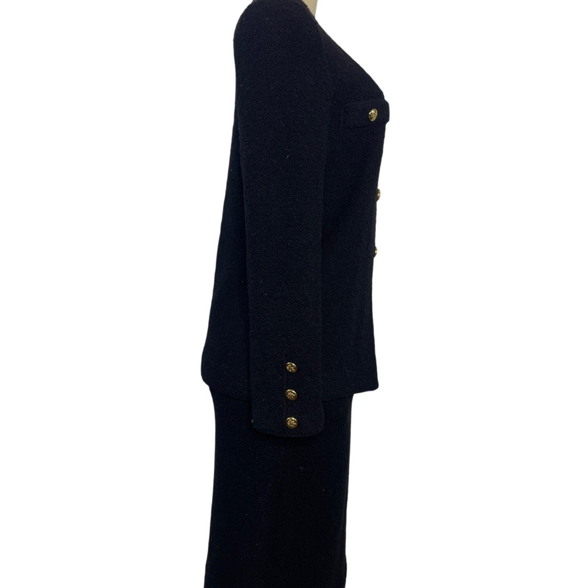 Vintage Black Bouclé Skirt Suit With Gold Button Details