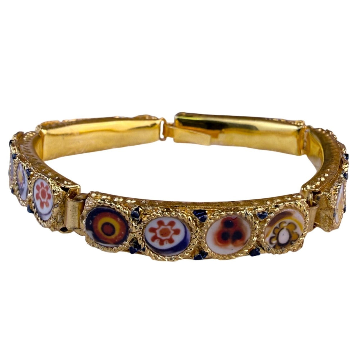 Antique Italian Gold-Tone Womens Micro Mosaic Bracelet Circular Floral Design