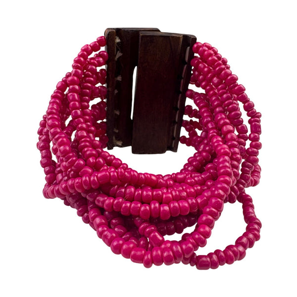 Beaded Multistrand Womens Bracelet Pink Glass Beads Wooden Clasp Handmade