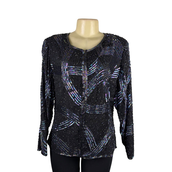 Stenay Womens Black Purple Silk Sequin Beaded Jacket  Elegant  Sz XL
