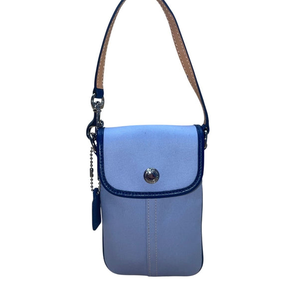 Coach Women’s Light Blue Fabric & Leather With Signature Detail Wristlet Bag
