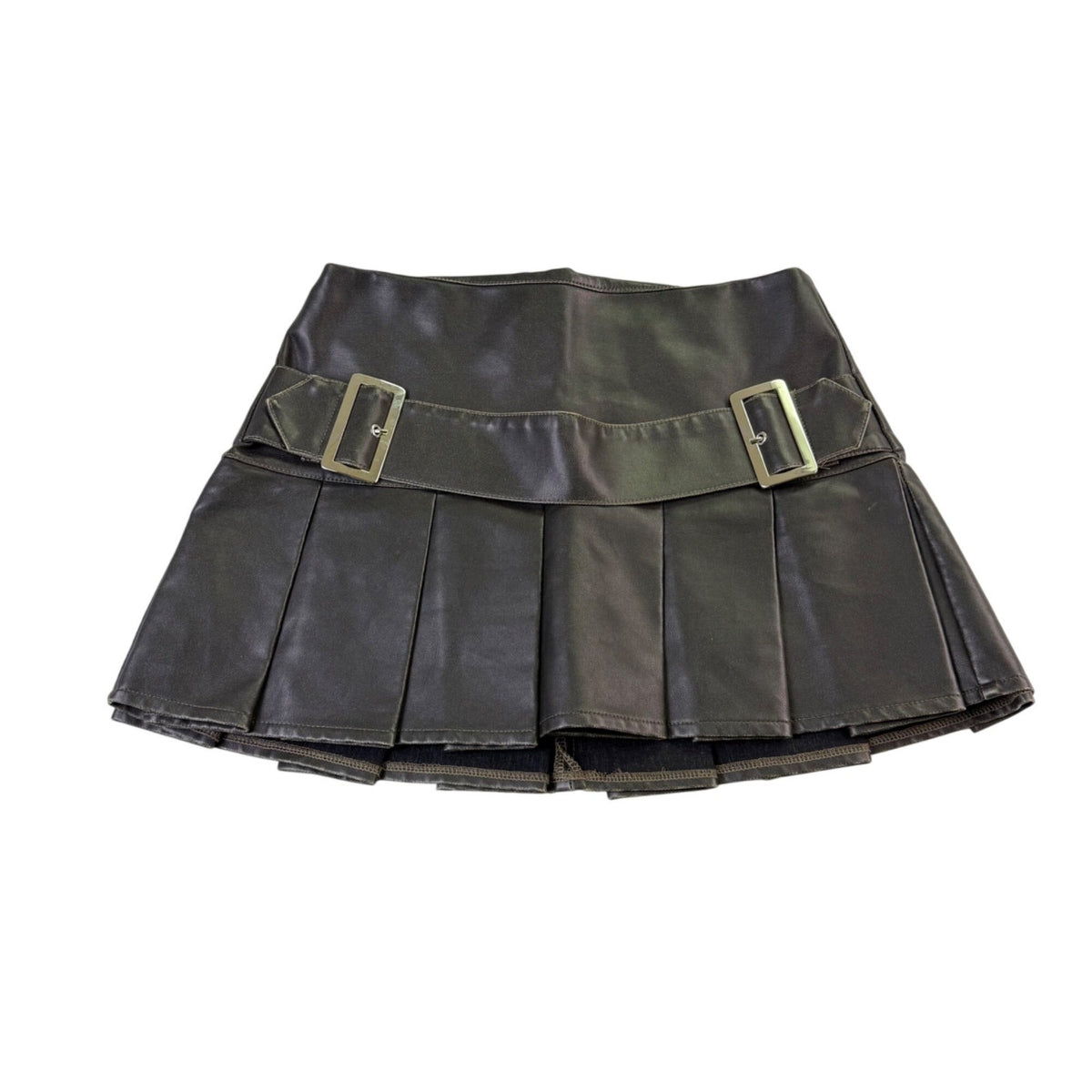 Pretty Little Thing Women Black Faux Leather Mini Pleated Skirt W/Buckle Sz  0