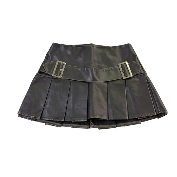 Pretty Little Thing Women Black Faux Leather Mini Pleated Skirt W/Buckle Sz  0