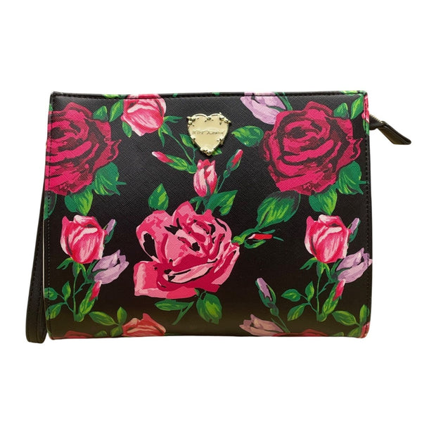 Betsey Johnson Women’s Black & Pink Floral Print With Gold Heart Detail Clutch
