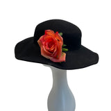 Black Wool Wide-Brim Fedora Hat With Red Floral Embellishment