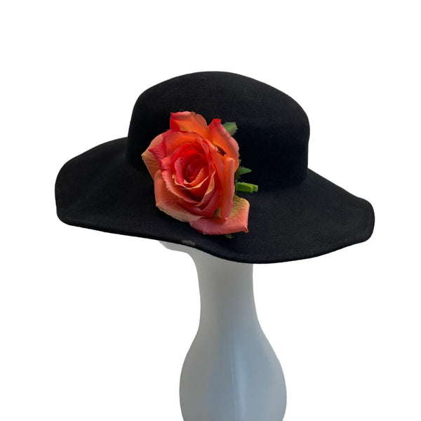 Black Wool Wide-Brim Fedora Hat With Red Floral Embellishment