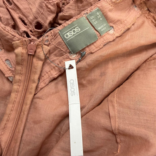 ASOS Womens Pink Eyelet Ruched Mini Dress Three-Quarter Sleeves Sz 4 - New