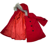 Fayuan Girls Red Double-Breasted Hooded Coat Real Fur Trim Jacket
