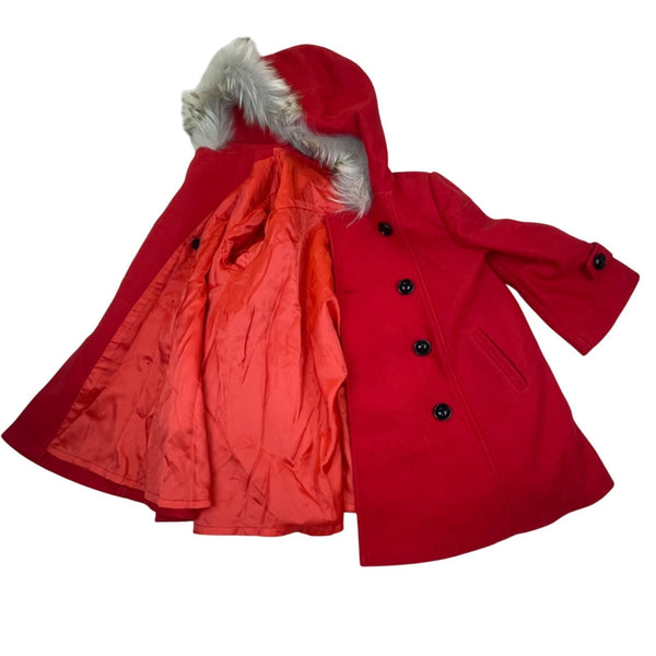 Fayuan Girls Red Double-Breasted Hooded Coat Real Fur Trim Jacket