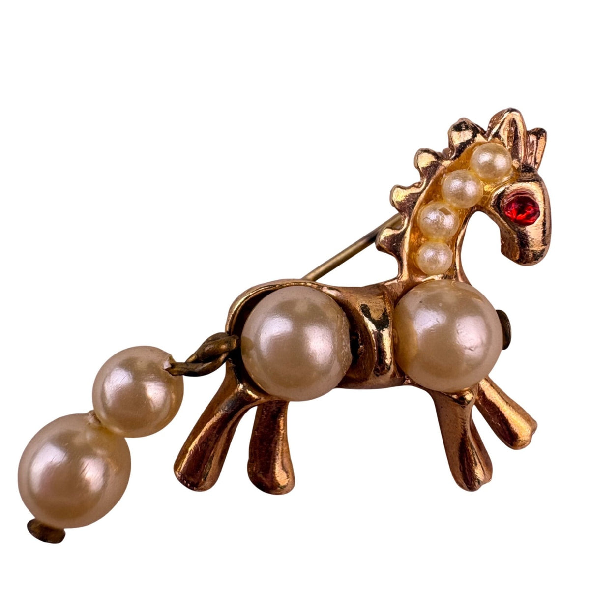 Vintage Gold Tone Synthetic Pearl Horse Brooch With Red Eye Accent Pin Jewelry