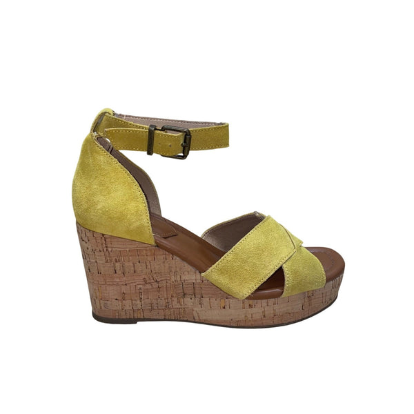 Crown Vintage Women’s Yellow Suede Ankle Strap Cork Wedge Chalina Sandals Sz 8M