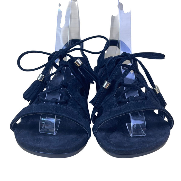 Women’s Black Suede Tassel Strappy Design Kalie Wedge Sandals Size 5