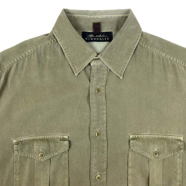 Alandales Men's Green Long Sleeve Button Up Silk - Cotton Pocket Shirt Sz M