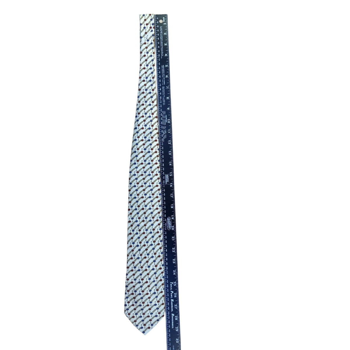 Tom James Mens Ivory Silk Tie Chain Link Red & Blue Pattern Elegant Made In USA