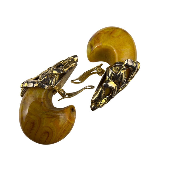 Vintage Clip-On Earrings Gold Tone & Amber Resin Deco Motif Swirl Design