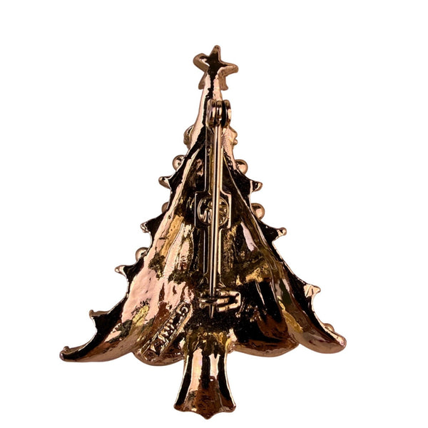 Vintage Gold Tone Christmas Tree Brooch Colorful Rhinestones Holiday Pin Jeweler