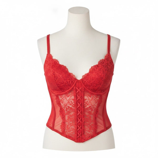 Victorias Secret Womens Red Lace Corset Top Adjustable Straps Hook Back Sz S-DD