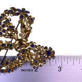 Vintage Gold Tone Floral Brooch With Blue Rhinestones Metal Lightweight Jewelry