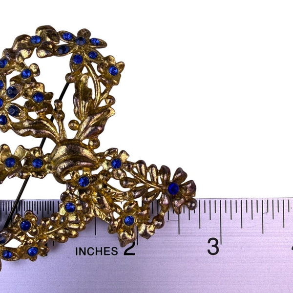 Vintage Gold Tone Floral Brooch With Blue Rhinestones Metal Lightweight Jewelry