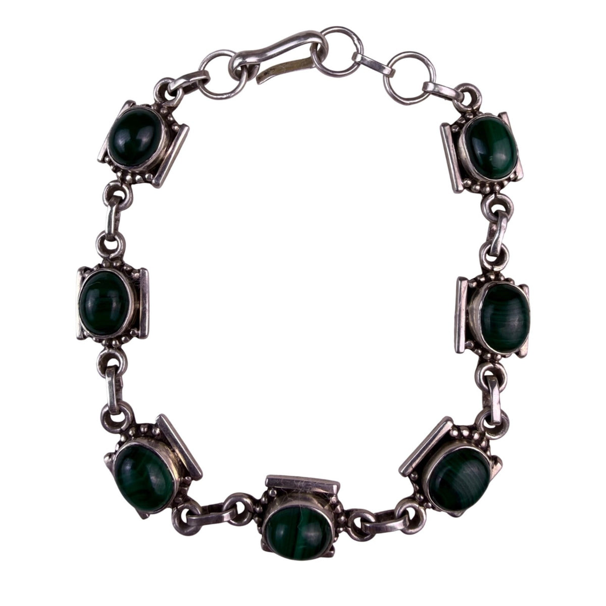 Vintage Sterling Silver Green Malachite Womens Bracelet Stylish Chain Design