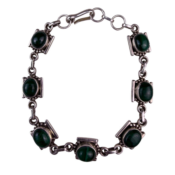 Vintage Sterling Silver Green Malachite Womens Bracelet Stylish Chain Design