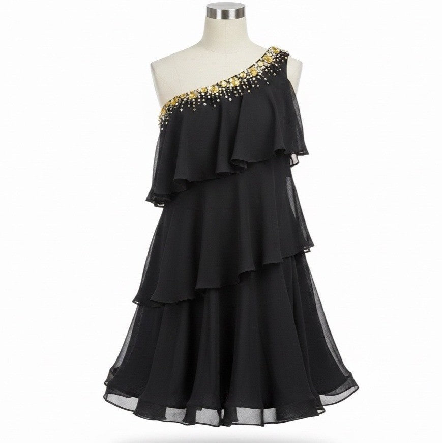 Calvin Klein Womens Black One-Shoulder Ruffle Layered Dress With Beaded Detail