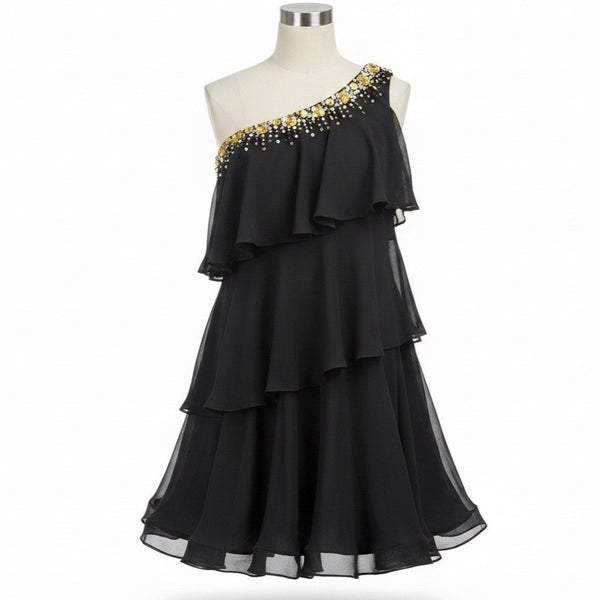 Calvin Klein Womens Black One-Shoulder Ruffle Layered Dress With Beaded Detail