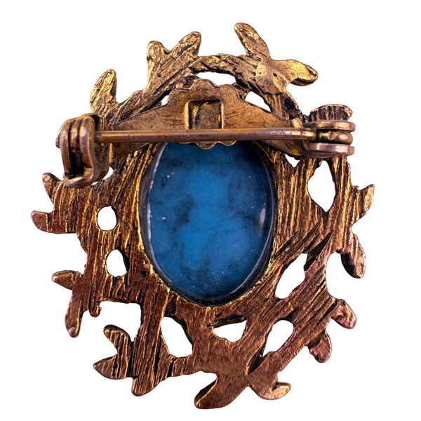 Vintage Gold Tone Blue Synthetic Stone Cabochon Brooch Pin Leaf Design