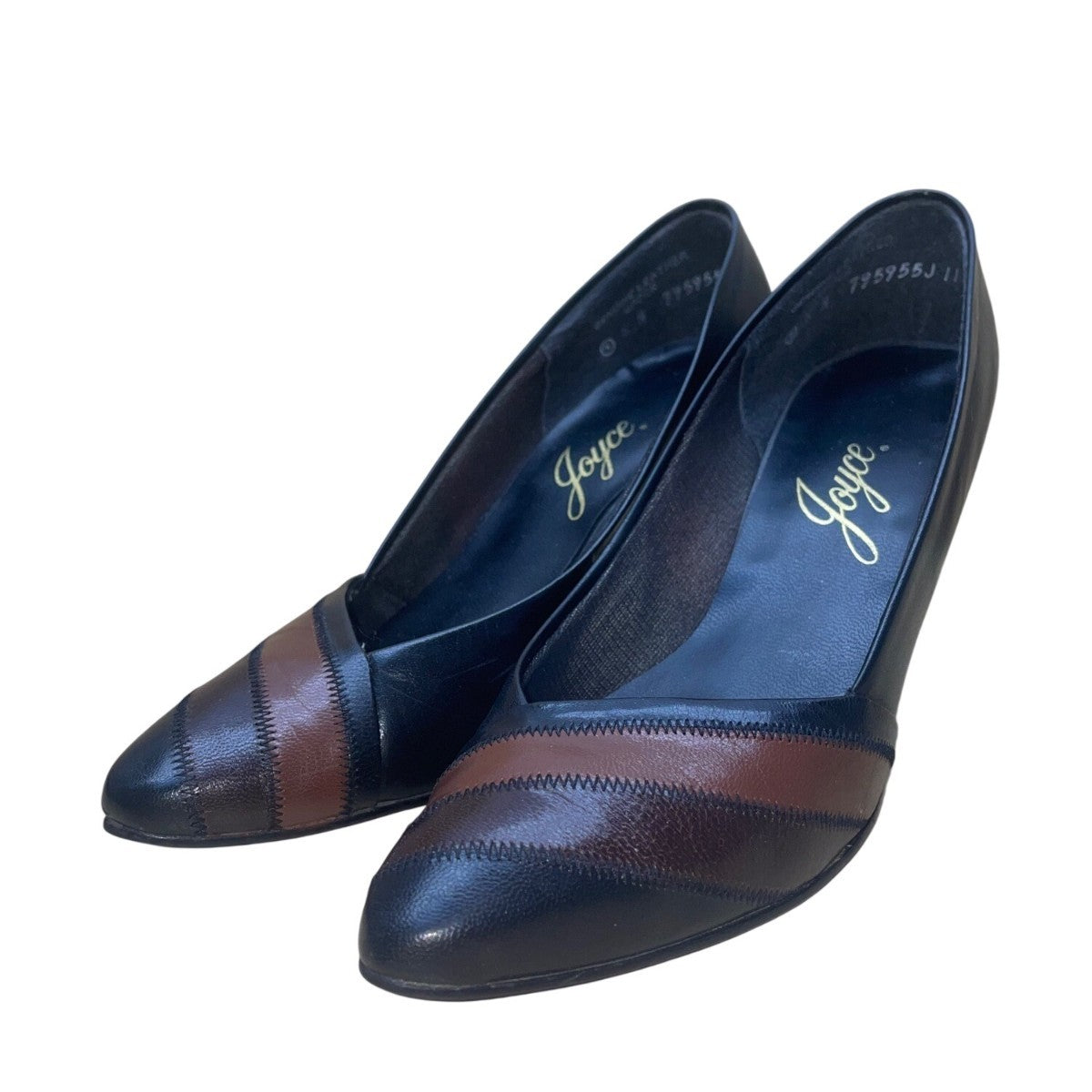 Joyce Women’s Black & Brown Leather Striped Toe Mid Vogue Heels Size 8N