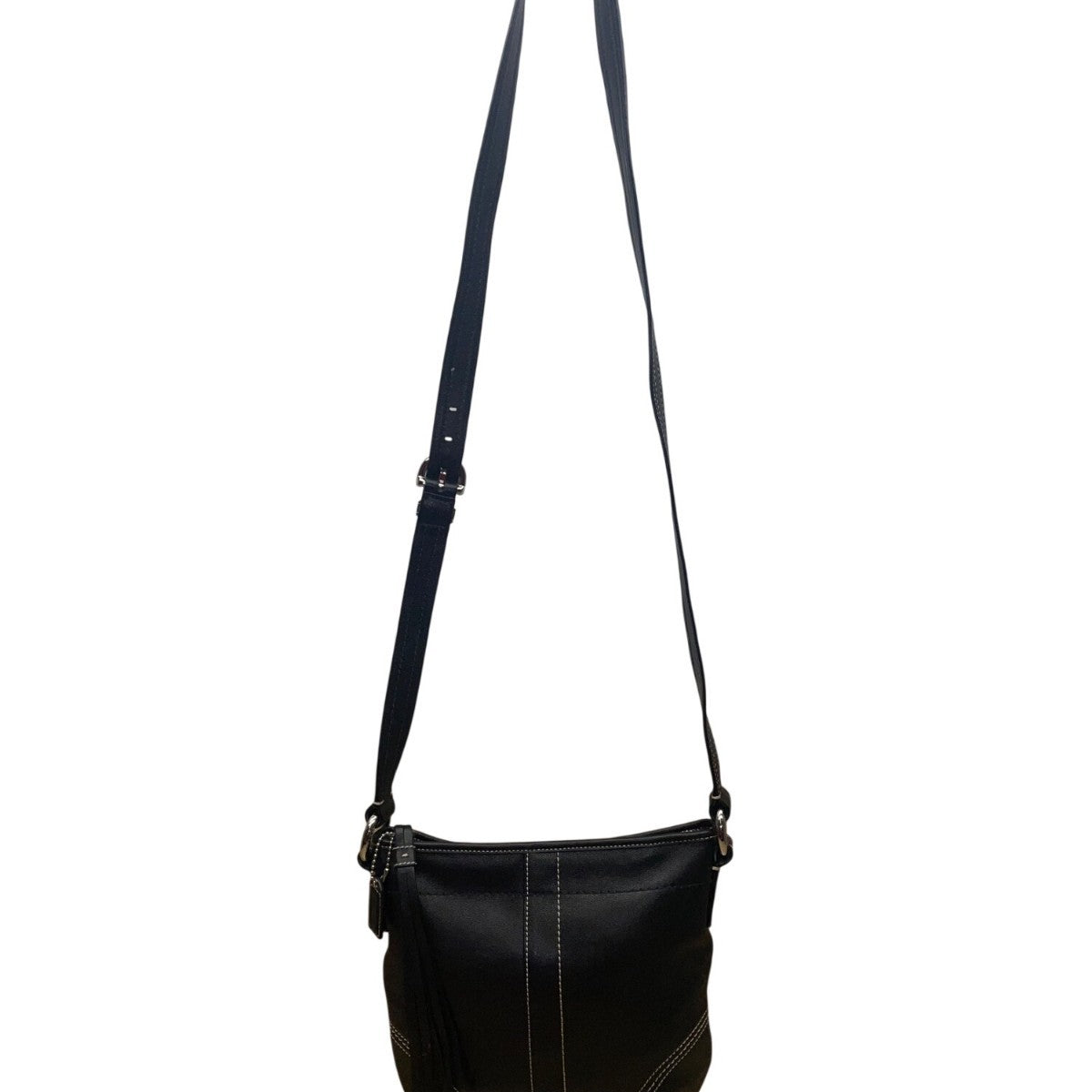 Coach Women’s Black Leather With Tassel Accent & Stitch Detailing Crossbody Bag