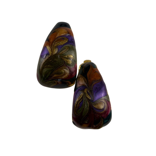 Vintage Gold Tone Multicolor Clip-On Earrings Hand-Painted Abstract Multicolor