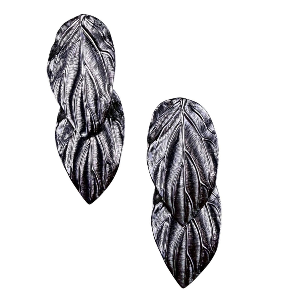 Vintage Silver Tone Womens Leaf Clip-On Earrings Double Leaf Design