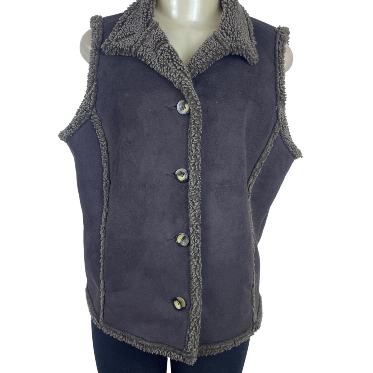 L.L. Bean Women's Gray Sherpa Lined & Sleeveless Button Front Vest Sz M