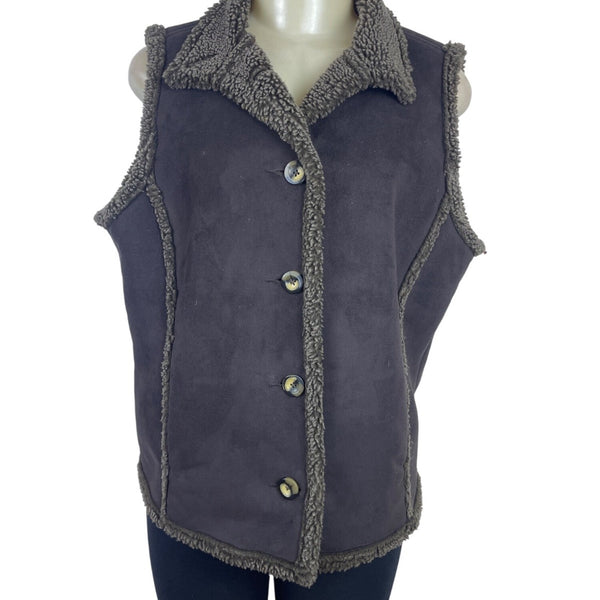 L.L. Bean Women's Gray Sherpa Lined & Sleeveless Button Front Vest Sz M