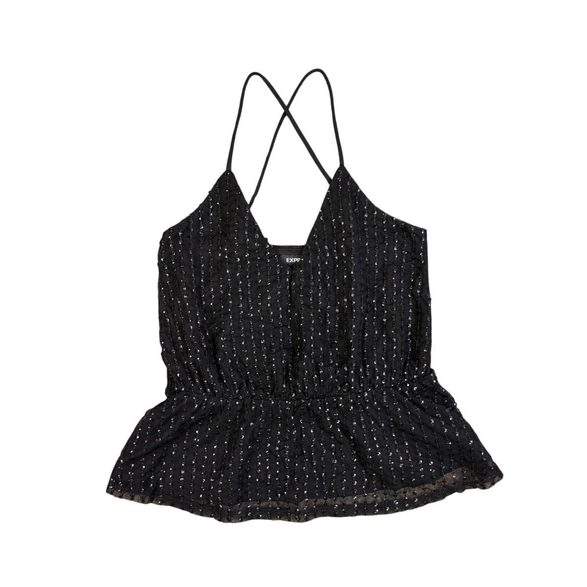 Express Womens Black Nylon & Polyester Sparkle Strappy Peplum Tank Top XS