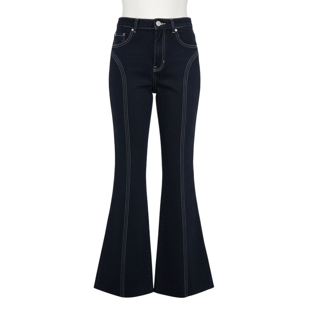 PacSun Womens Black Denim Flared Jeans Frayed Hem High Waist Contrast Stitching